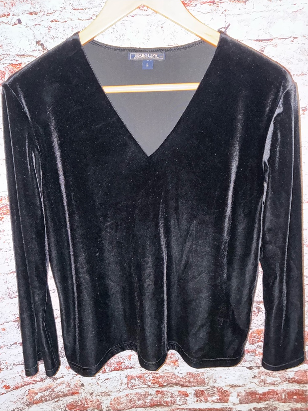 Harold's Black Velvet V-Neck Long Sleeve Top